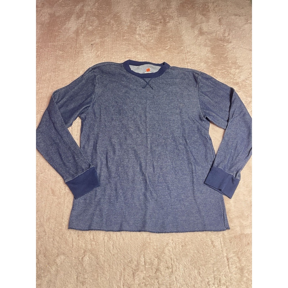 Hanes Thermal Knit Long Sleeve Shirt Men's Size L Blue Bin 11